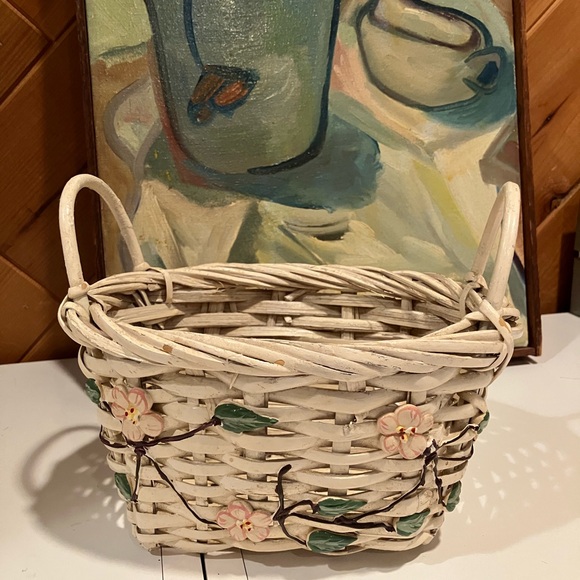 Hand Crafted Other - Floral Woven Basket with Handles hand painted
